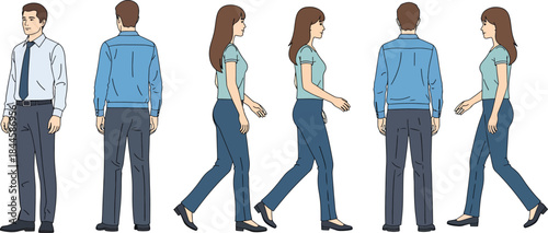 Diverse group of people in casual and business attire depicted from front and back showing walking and standing poses