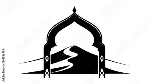 Islamic arch framing a desert landscape with a winding path symbolising journey and spirituality