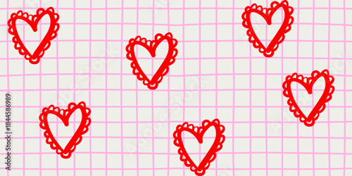 Cute romantic red love hearts on a pink checkered background seamless pattern print. Valentine's Day holiday illustration background texture, romantic wedding design.