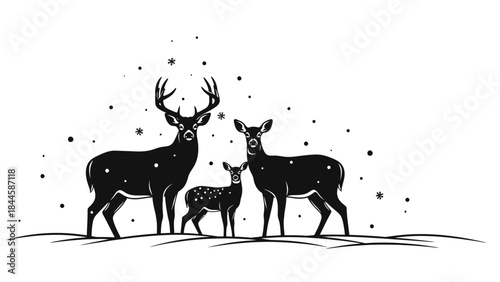 Majestic Deer Family Silhouetted Against a Snowy Winter Sky