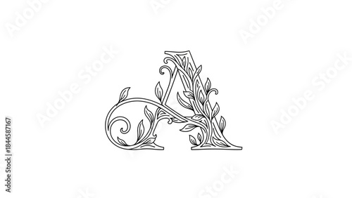 Ornate Letter A Decorated with Intricate Floral Vines and Leaves