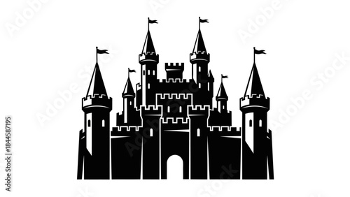 Iconic Black Silhouette of a Medieval Castle with Towers and Flags