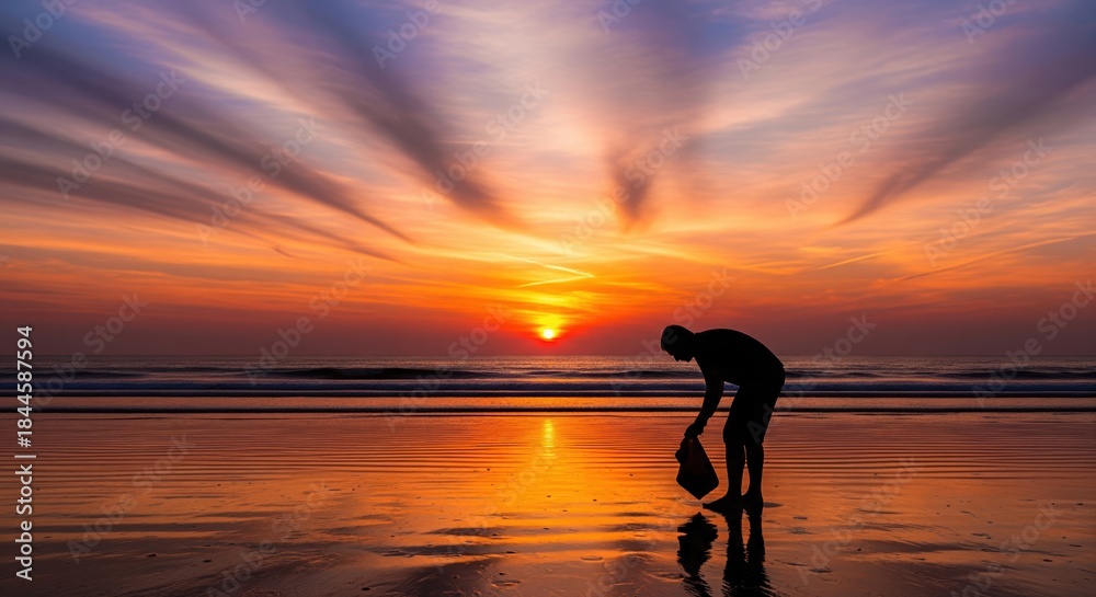 Fototapeta premium Silhouette of a Person Gathering Shells at Sunset on a Tranquil Beach Shoreline
