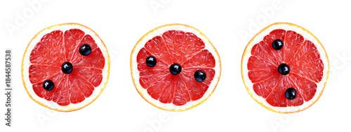 Three sliced ​​grapefruits wallpaper. Grapefruit with blackcurrant berries. Citrus slices, isolated, artistic modern art, abstract food backgrounds, healthy eating concepts. PNG
