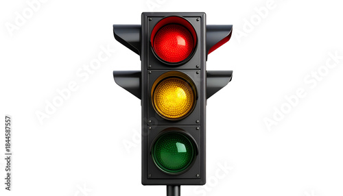 Upright, dark-housed traffic light displaying red and yellow; green visible