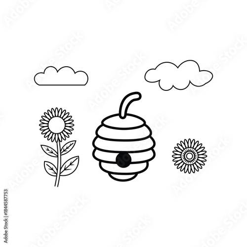 bee hive with flowers and clouds outline vector illustration.eps