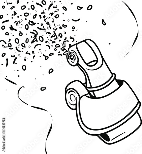 Single bold line illustration of a party whistle blowing confetti, one continuous stroke, clean and playful New Year line art 2