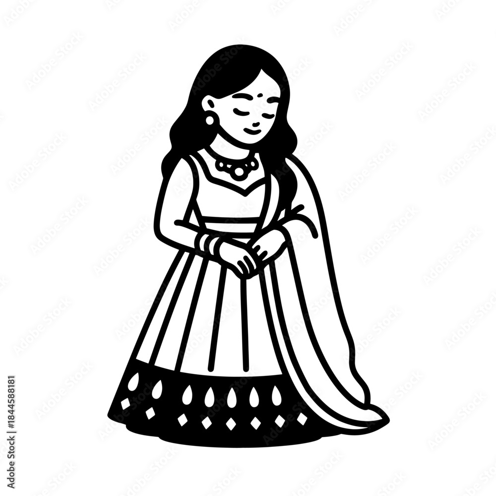 Fototapeta premium Minimal Black White Indian Woman Vector Icon Modern Traditional Female Illustration AI Concept Art