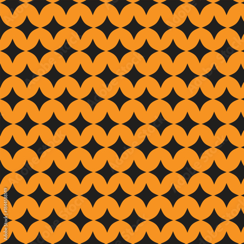 This image displays a seamless geometric pattern featuring interlocking shapes in black and orange. The design consists of rows of black four-pointed stars with curved sides, nested within a framework