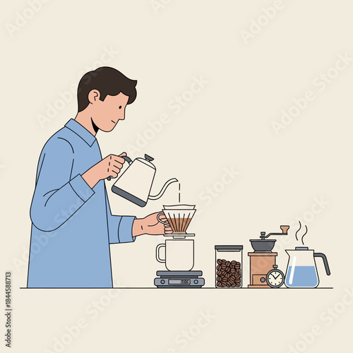 Man in blue shirt making pour-over coffee with gooseneck kettle, dripper, and scale, illustration.