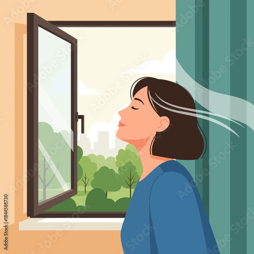 Serene woman with closed eyes, dark hair, feeling gentle breeze, peaceful expression.