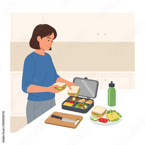 Woman with short brown hair preparing a healthy lunch, placing a sandwich into a multi-compartment lunchbox.