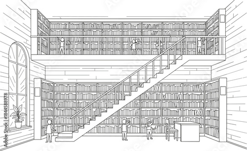 Minimal library interior architectural line illustration featuring multi level bookshelves staircase readers and study areas clean outline vector design