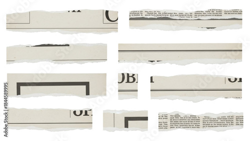 Set of torn ripped newspaper paper strips on transparent background, vintage retro aged grunge texture border elements, old press headline or advertisement placeholder design