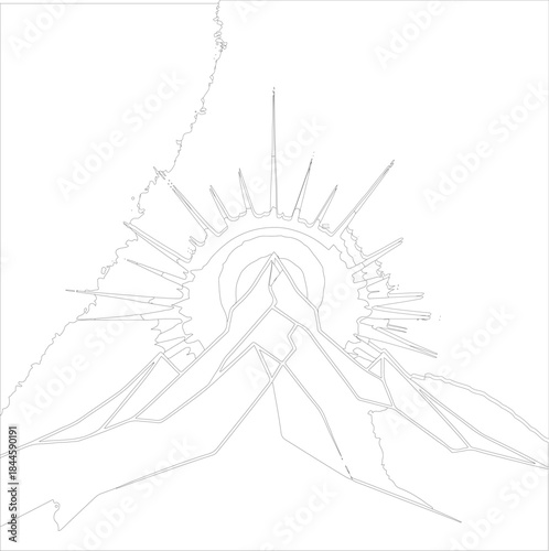 Strong contour line of a mountain peak with a rising sun, sharp angular minimalism