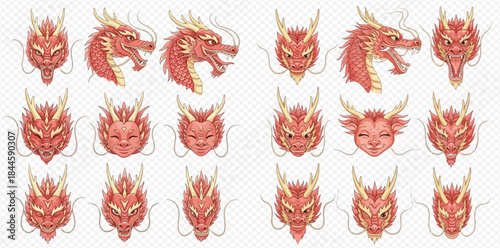 Set of red Chinese dragon heads with various expressions and poses, traditional Asian mythology symbol.