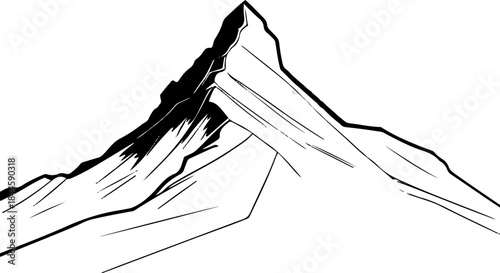 Strong contour line of a mountain peak with a rising sun, sharp angular minimalism 2