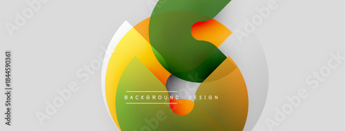 Abstract shapes overlap, creating dynamic composition. Colors blendorange, green, redover light gray backdrop. Minimalist design suggests modern aesthetic.