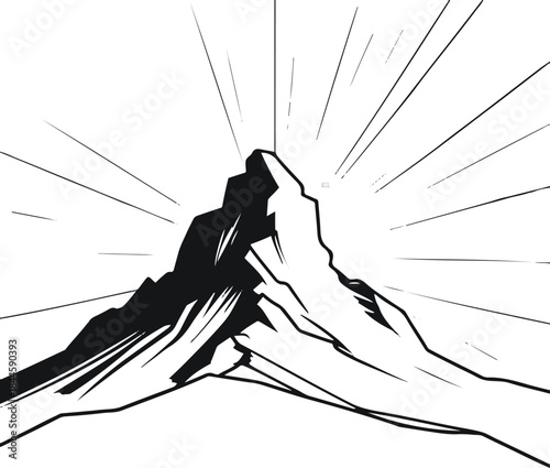 Strong contour line of a mountain peak with a rising sun, sharp angular minimalism 1