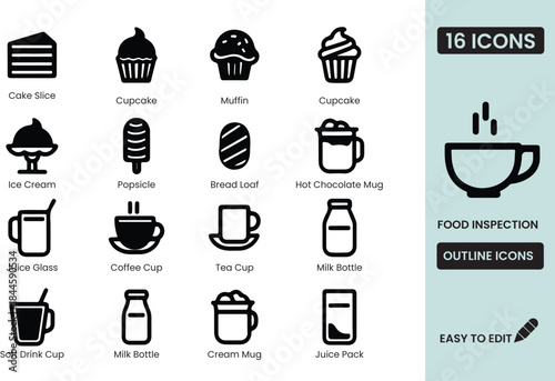 A collection of 16 outline icons featuring various food and drink items for easy editing