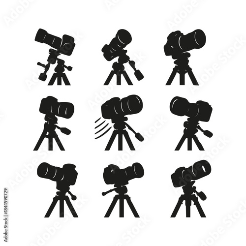 Black silhouettes of cameras on tripods capturing various angles and perspectives for visual media