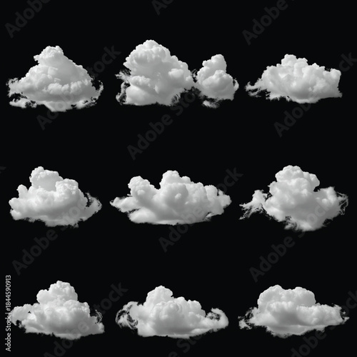 Cloud Collection: A captivating set of fluffy, puffy clouds floating gracefully against a dark background, evoking a sense of tranquility and the beauty of nature. 
