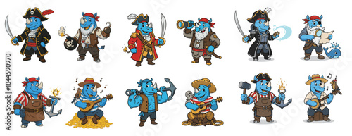 Complete Pirate Rhinoceros Crew Design Kit. Including Captain, Cook, Artist, and Treasure Hunter.