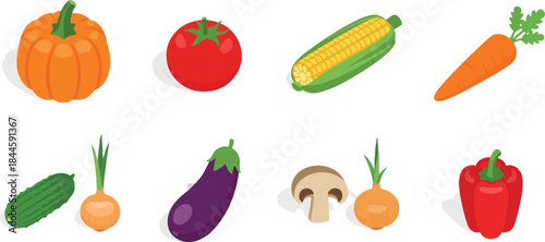 Collection of fresh vegetables and mushroom icons flat isometric design for healthy eating and cooking concepts isolated on white