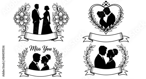 Romantic Couple Silhouettes Wedding Love Vignettes for Invitations Designs and Anniversary Decor