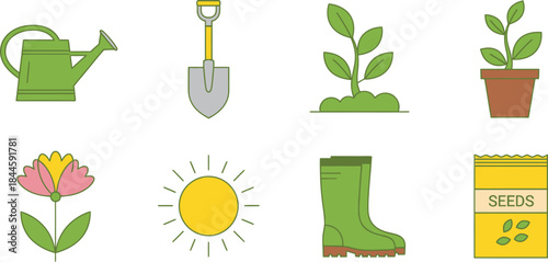 Gardening icons set featuring watering can shovel plants flower sun boots and seeds perfect for spring and nature themes