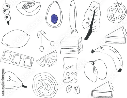 Hand drawn sketch collection of various healthy and unhealthy food items scattered across a white background