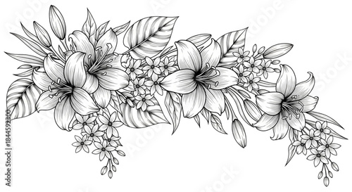 Elegant Lily Flower Garland Border Design for Wedding Invitations Branding Tattoos