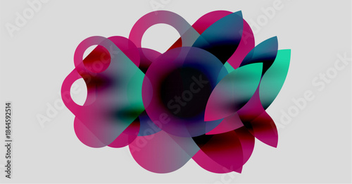 Abstract composition. Overlapping translucent shapes create vibrant color blends. Pink, blue, purple hues dominate neutral background.