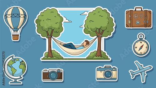 Collection of Travel and Adventure Icons with Nature, Photography, and Globe Elements.