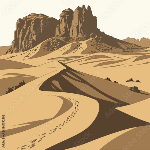 A winding path of footprints leads through rolling sand dunes towards majestic rocky mountains under a clear sky in a stylized desert landscape illustration