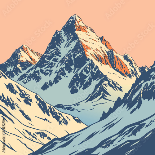 Majestic snow capped mountain peaks illuminated by warm sunrise light against a soft peach sky a stylized illustration of alpine grandeur