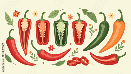 Assorted Hot Peppers with Vibrant Colors and Fresh Leaves Illustration