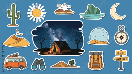Camping scene with a tent, campfire, and nighttime sky in a natural outdoor setting.