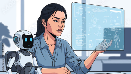 Female Scientist Works with Futuristic Holographic Display and Robot.