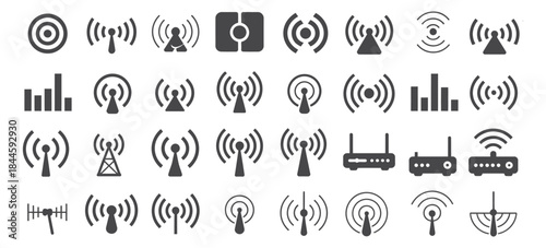 Wireless Signal Icons modern vector illustration showing wifi antenna radio transmission and audio wave symbols perfect for tech branding network communication apps and multimedia graphic design