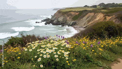 Scenic coastal landscape with wildflowers and rocky cliffs under cloudy sky.