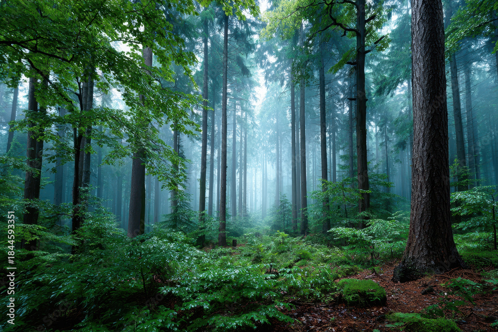 Obraz premium Misty Forest Path with Tall Trees and Lush Green Undergrowth