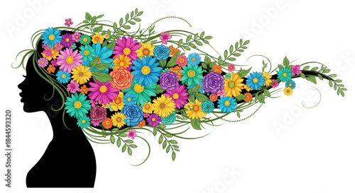 Vibrant Woman Silhouette Hair Flowing with Colorful Spring Flowers for Beauty Wellness Design