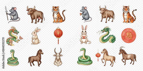 Set of watercolor Chinese zodiac animals and cultural symbols for lunar new year celebrations.