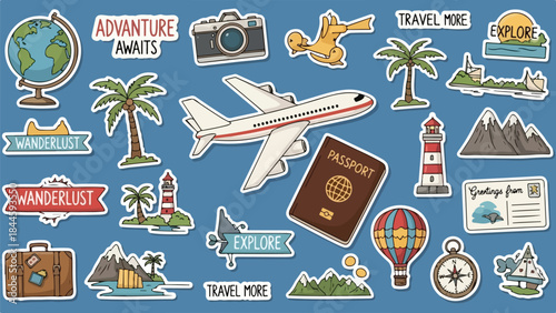 Collection of Travel and Adventure Stickers Featuring Planes, Landmarks, and Nature Elements.