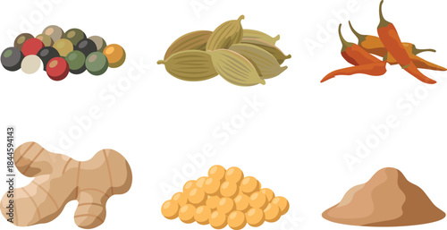 Colorful Vector Set of Six Isolated Culinary Ingredients, Including Mixed Peppercorns, Cardamom Pods, Chili Peppers, Ginger, Chickpeas, and Ground Spice Powder, for Food and Recipe Design.