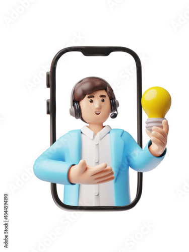 A 3D smartphone screen with a man in a blue suit, a headset, and a light bulb in his hand.