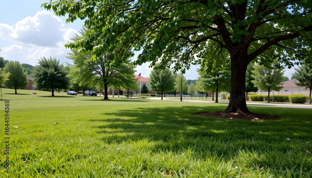 Obraz premium Lush Green Park with Large Trees and Bright Blue Sky in a Peaceful Outdoor Setting