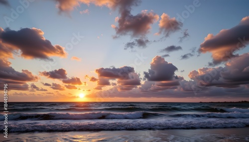 Scenic Sunset Over Calm Ocean Waves with Colorful Clouds and Tranquil Sky at Dusk