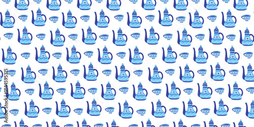 A cute cartoon pattern featuring a teapot and cup of tea. A hot, healthy, and warming drink. A set of bright, hand-painted ceramic teaware. Seamless background.